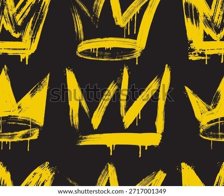 Seamless pattern graffiti drawing symbols. Spray painted graffiti crown sign with drip. Grunge bold crown with spray texture. Street art style drawing. Seamless pattern brush drawn grunge rough symbol