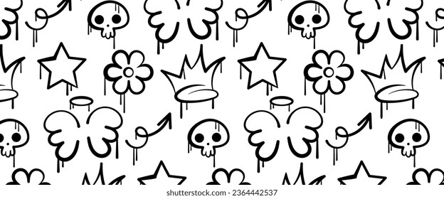 Seamless pattern with graffiti elements. Design symbols, alien, fire, emoji, heart, heart. Elements on white background for banner, decoration, street art, posters, textile and ads
