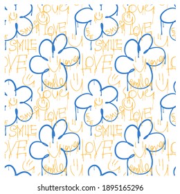 Seamless pattern of graffiti flowers and the words happy, peace, smile. Image for a poster or cover. Vector illustration. Repeating texture. Figure for textiles.