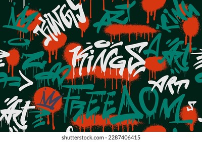 Seamless pattern graffiti in green and red color. Abstract graffiti tags and aerosol spray paint splatter backdrop. Design for poster, textile, t-shirt, wrapping paper. Vector grung Illustration.