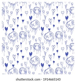 Seamless pattern of graffiti hearts and smile with smudges. Image for a poster or cover. Vector illustration. Repeating texture. Figure for textiles.