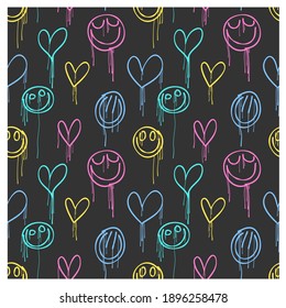 Seamless pattern of graffiti hearts and smiles with smudges. Image for a poster or cover. Vector illustration. Repeating texture. Figure for textiles.
