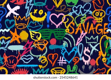 Seamless pattern graffiti spray. Vector symbols paint drips, devil, skull, heart, crown, thunder, arrow, spray texture. Graffiti elements paint is spreading for banner, decoration, fabric, street art.