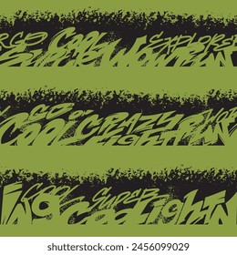 Seamless pattern graffiti street art lettering background. Urban typography ornament. Creative art design with urban lettering. Street art hand writing vector green and black