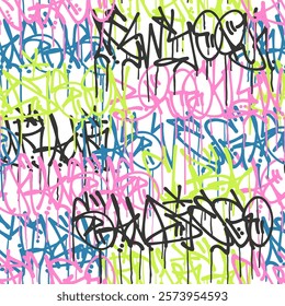 Seamless pattern graffiti street art tag, fashion hand drawing texture, street style.