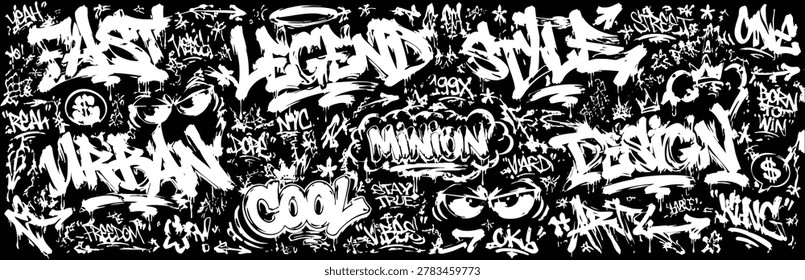 Seamless pattern of graffiti street art with various tags, lettering, and urban elements on a black background, perfect for streetwear or backgrounds.