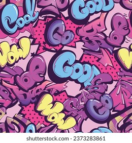 Nahtloses Muster mit Graffiti-Text. Verzierung. Graffiti Wörter gut, Wow, sei am besten, cool. Girlische Comics-Muster