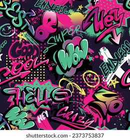 Seamless pattern with Graffiti text. lettering ornament. Graffiti words good, Wow, be best, cool. Girlish comics pattern
