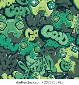 Seamless pattern with Graffiti urban text, gamepads. lettering ornament. Lettering ornaments