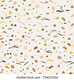 Seamless pattern with grains and cereals. Wheat, barley, oats, rye, buckwheat, amaranth, rice, millet, sorghum, quinoa, chia seeds, oatmeal, legumes. Vector