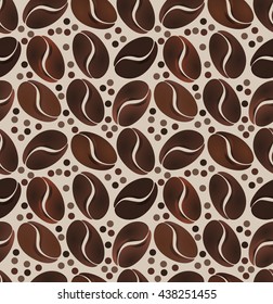 Seamless pattern of grains of coffee on a light brown background. Vector illustration.
