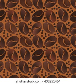 Seamless pattern of grains of coffee on a light brown background. Vector illustration.