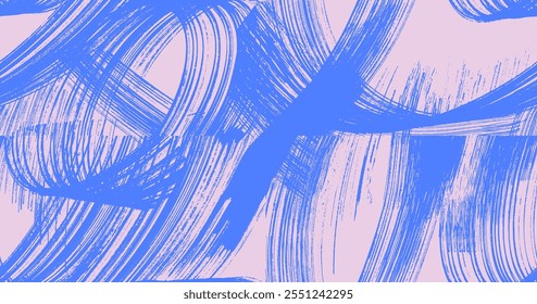 Seamless pattern grainy spiral bold brush stroke with blue spray texture. Vector distress damaged edge retro banner with spiral line. Grainy bold brush strokes texture with scattered tiny dots pattern