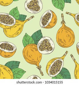 Seamless pattern with granadilla: fruit, granadilla slice and leaves. Vector hand drawn illustration.