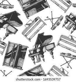Seamless pattern with Grand Piano, Upright (vertical), digital pianos and electronic keyboard. Vintage engraved style. Isolated on white background.  