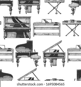 Nahtloses Muster mit Grand Piano, aufrecht (vertikal), digitalem Klavier und elektronischer Tastatur. Vintage-Gravur-Stil. Einzeln auf weißem Hintergrund.  