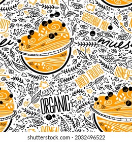 Seamless Pattern With Granola Bowl. Hand Drawn Sketch Of Oatmeal, Organic Muesli. Background In Doodle Style For Kitchen, Food Brand. Healthy Porridge