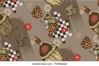 Seamless pattern of grape, bottles and other objects. Vector illustration
