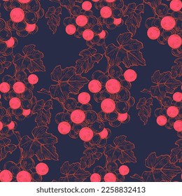 Seamless pattern with grape branch. Wineyard retro wallpaper. Garden background Sketch wild flower for background, texture, wrapper pattern, frame or border.