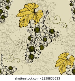 Seamless pattern with grape branch. Wineyard retro wallpaper. Garden background Sketch wild flower for background, texture, wrapper pattern, frame or border.