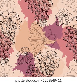 Seamless pattern with grape branch. Wineyard retro wallpaper. Garden background Sketch wild flower for background, texture, wrapper pattern, frame or border.