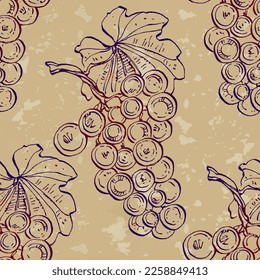 Seamless pattern with grape branch. Wineyard retro wallpaper. Garden background Sketch wild flower for background, texture, wrapper pattern, frame or border.