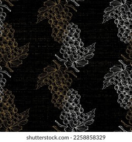 Seamless pattern with grape branch. Wineyard retro wallpaper. Garden background Sketch wild flower for background, texture, wrapper pattern, frame or border.
