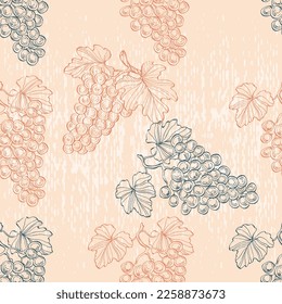 Seamless pattern with grape branch. Wineyard retro wallpaper. Garden background Sketch wild flower for background, texture, wrapper pattern, frame or border.