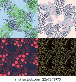 Seamless pattern with grape branch. Wineyard retro wallpaper. Garden background Sketch wild flower for background, texture, wrapper pattern, frame or border.