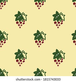 Seamless pattern with grape. Hand drawn elements. Pattern on a colored background with doodles for printing on fabrics, paper, packaging. Vector illustration