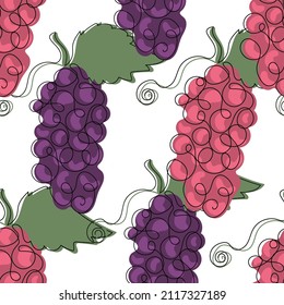 Seamless Pattern Of Grape. Hand Drawn Fruits Background. Print For Fabric, Textiles, Wrapping Paper, Web. Vector Illustration