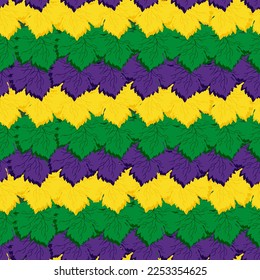 Seamless pattern with grape leaves in traditional mardi gras color. Endless colorful carnival backdrop. 