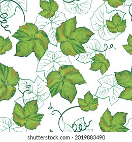 Seamless pattern of grape leaves in a watercolor painting style.