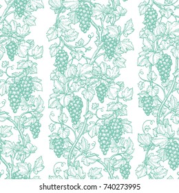 Seamless pattern with grape vine. Hand drawn vector illustration. Retro style.