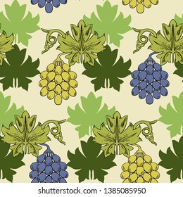 Seamless pattern with grape vines on a yellow background.