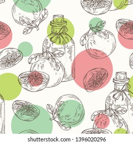 Seamless pattern with grapefruit and bottle of grapefruit essential oil. Cosmetic, perfumery and medical plant. Vector hand drawn