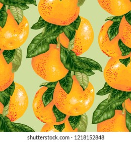 Seamless pattern with grapefruit branch in vector graphic realistic illustration design