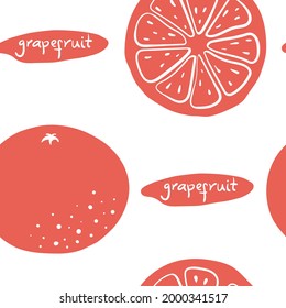 Seamless pattern with grapefruit. Colorful paper cut ctropical fruits isolated on white background. Doodle hand drawn vector illustration