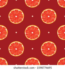 Seamless pattern with grapefruit on a red background. Ripe and juicy citrus. Wallpaper, print, wrapping paper, promotional material, banner, poster, modern textile design. Vector illustration.