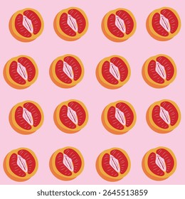 Seamless pattern with Grapefruit with outlines female labia. Vulva