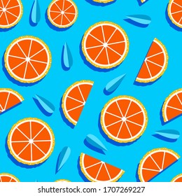 Seamless pattern with grapefruit slices and leaves on water surface. Summer fruit background. Vector illustration.