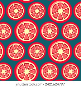 Seamless pattern with grapefruit slices on dark background. Vector illustration in flat style