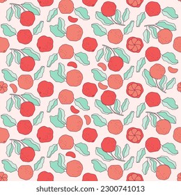 Seamless pattern with grapefruit. Vector flat cartoon illustration. Grapefruit slices with green leaves. Bright dynamic pattern. Contour illustration