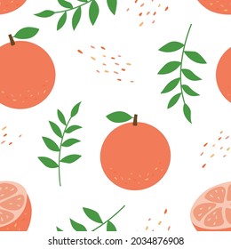 Seamless pattern with grapefruits and leaves on a white background. Delicate vector background for clothing or textiles