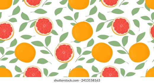 Seamless pattern with grapefruits whole and half on white background. Fresh citrus pomelo fruit and leaves. Repeating texture for fashion, fabric, textile, wallpaper, cover, wrapping paper. Vector