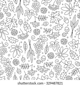 Seamless pattern with grapes, acorns, leaves and flowers. Beautiful background for Thanksgiving. Vector Illustration.