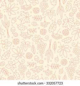 Seamless pattern with grapes, acorns, leaves and flowers. Beautiful background for Thanksgiving. Vector Illustration.