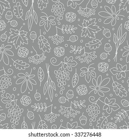 Seamless pattern with grapes, acorns, leaves and flowers. Beautiful background for Thanksgiving. Vector Illustration.