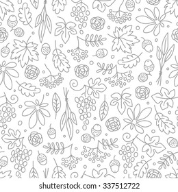 Seamless pattern with grapes, acorns, leaves and flowers. Beautiful background for Thanksgiving. Vector Illustration.
