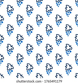 Seamless pattern with grapes in blue and white colors. Dark pattern on a light background with doodles for printing on fabrics, paper, packaging. Vector illustration
